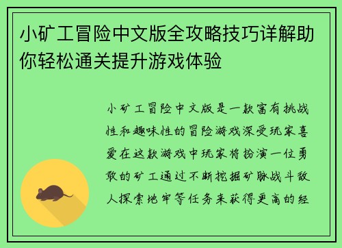 小矿工冒险中文版全攻略技巧详解助你轻松通关提升游戏体验