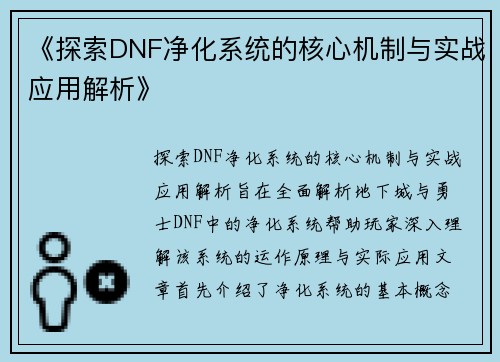 《探索DNF净化系统的核心机制与实战应用解析》